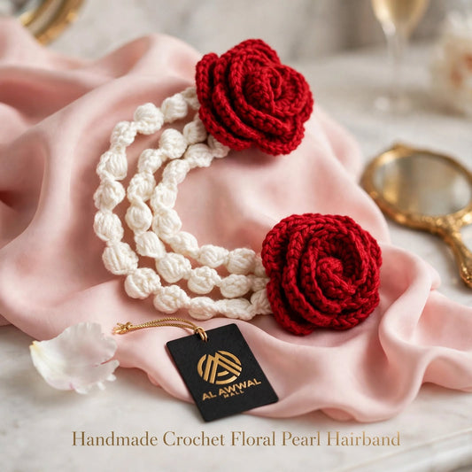 Handmade Crochet Red Rose Bun Hair Accessory – White Bead-Like Hanging Strands
