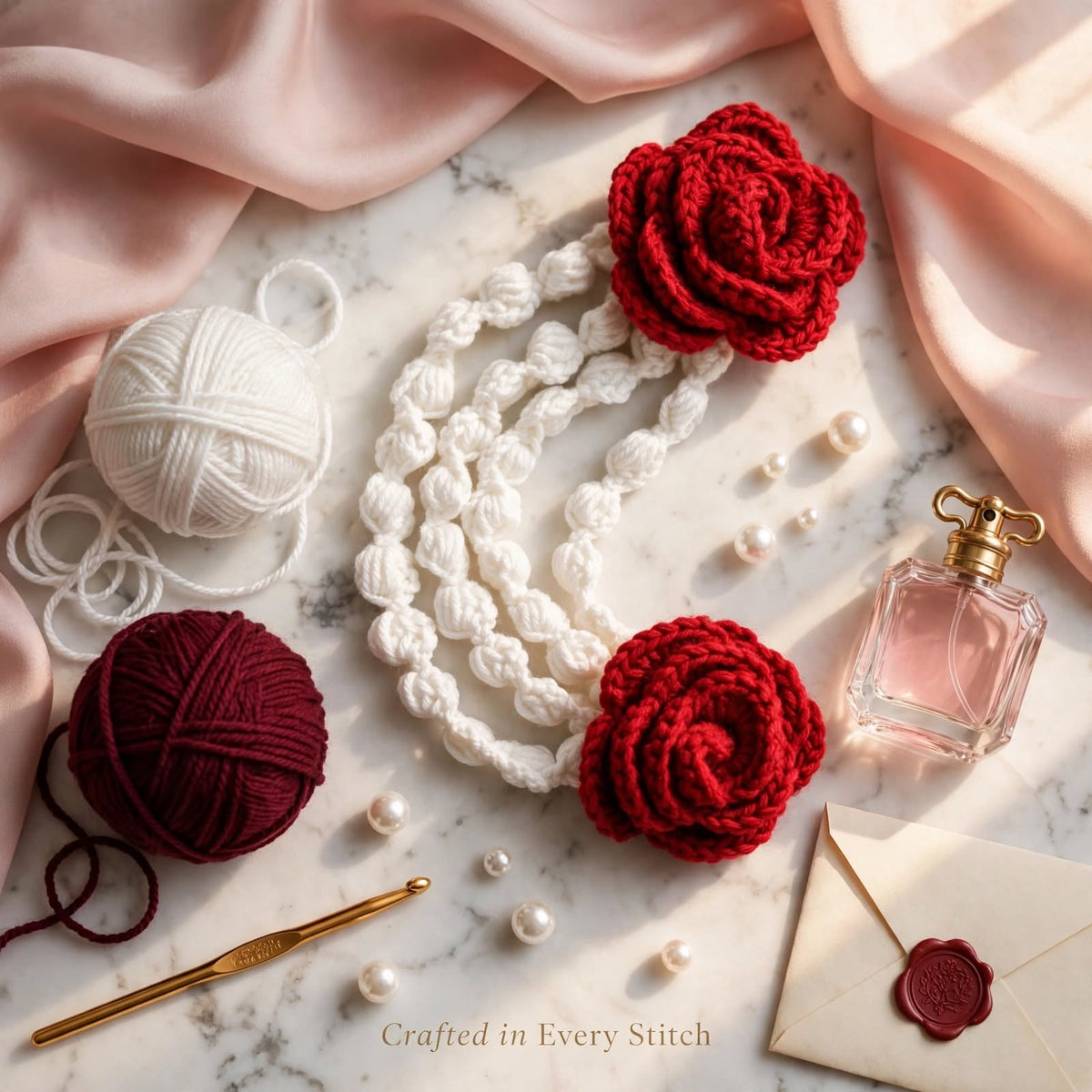 Handmade Crochet Red Rose Bun Hair Accessory – White Bead-Like Hanging Strands