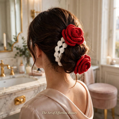Handmade Crochet Red Rose Bun Hair Accessory – White Bead-Like Hanging Strands
