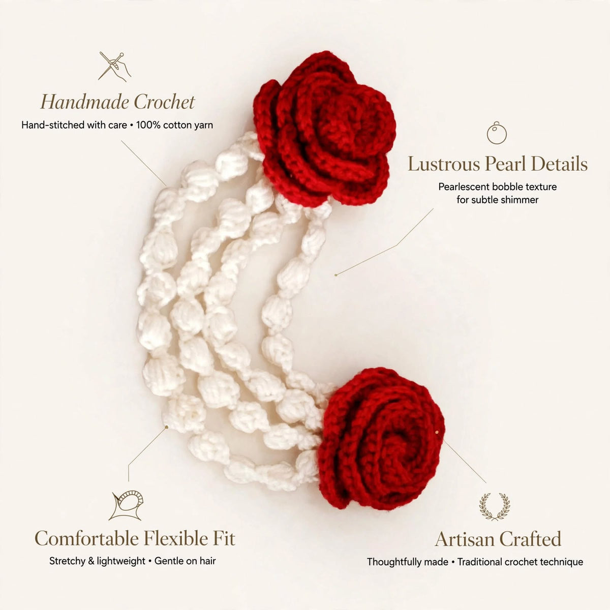 Handmade Crochet Red Rose Bun Hair Accessory – White Bead-Like Hanging Strands
