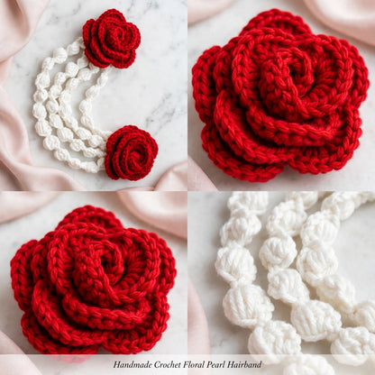 Handmade Crochet Red Rose Bun Hair Accessory – White Bead-Like Hanging Strands