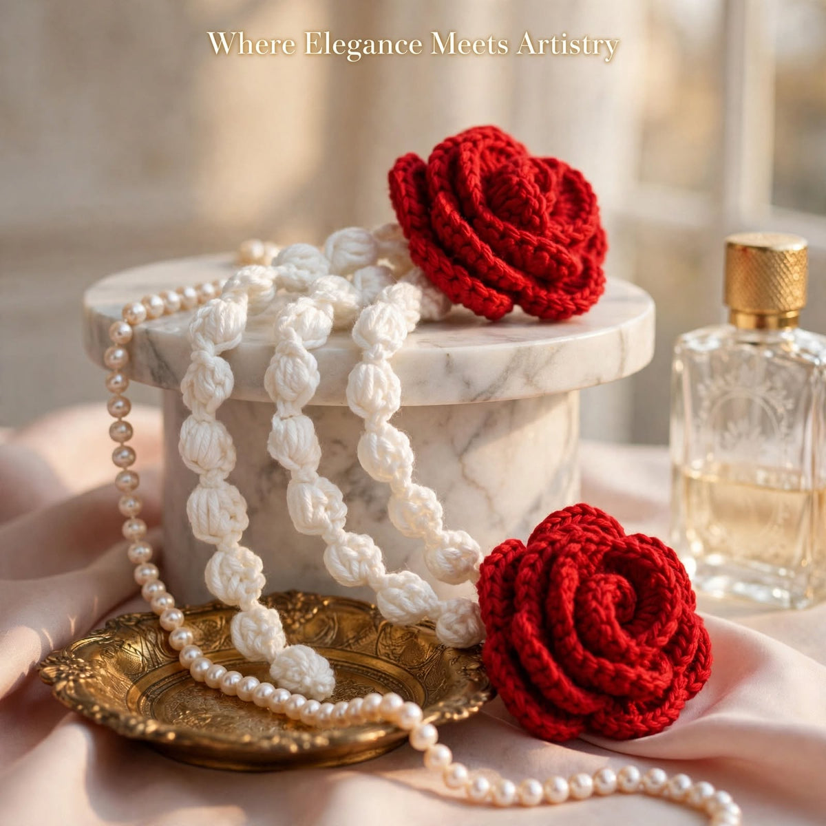 Handmade Crochet Red Rose Bun Hair Accessory – White Bead-Like Hanging Strands