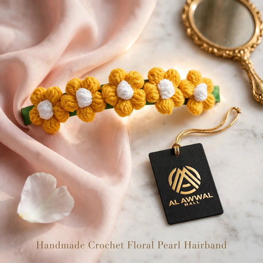 Handmade Crochet Hair Accessory – Yellow & White Round Petal Flowers with Green Base