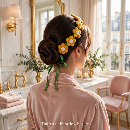 Handmade Crochet Hair Accessory – Yellow & White Round Petal Flowers with Green Base
