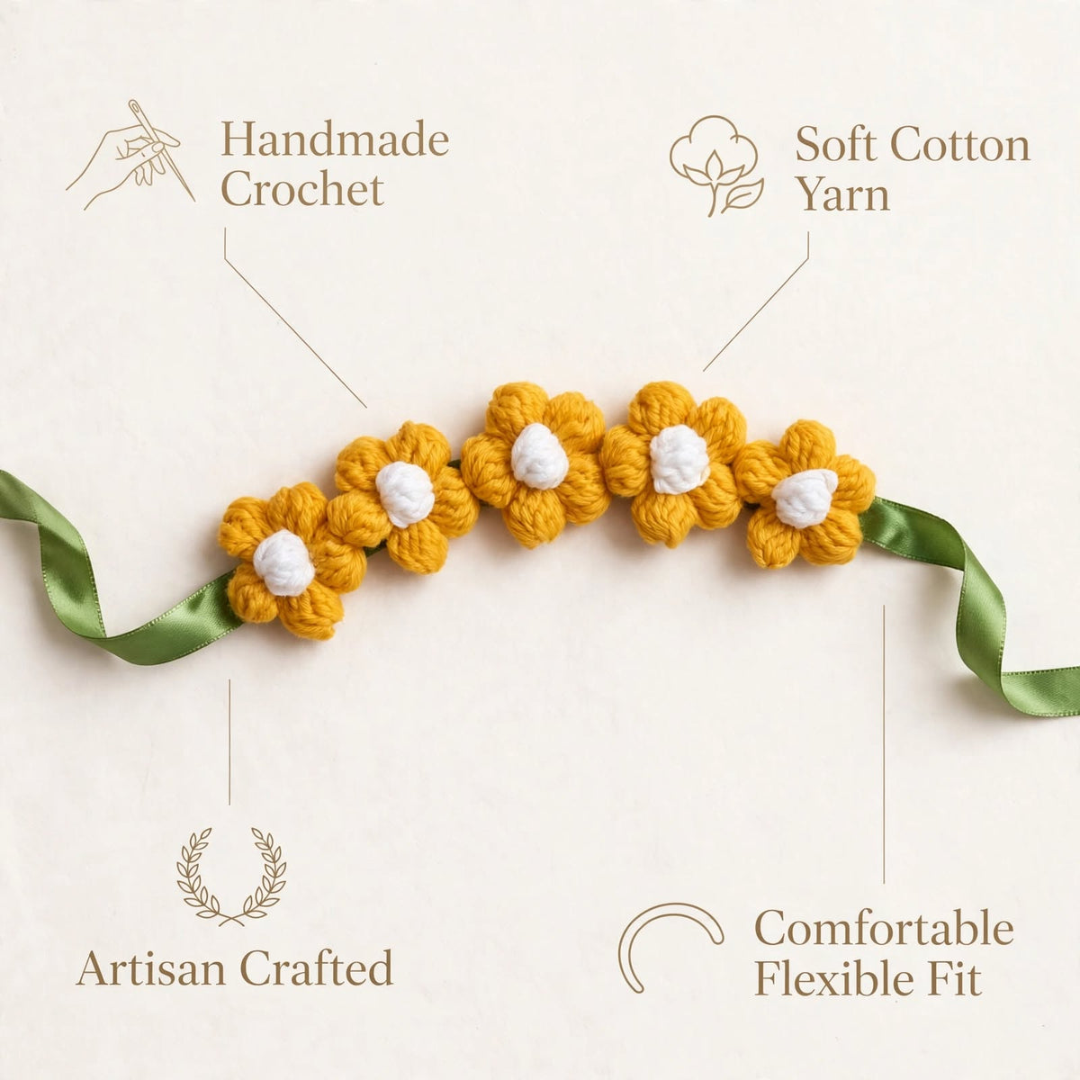 Handmade Crochet Hair Accessory – Yellow & White Round Petal Flowers with Green Base