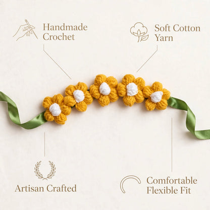 Handmade Crochet Hair Accessory – Yellow & White Round Petal Flowers with Green Base