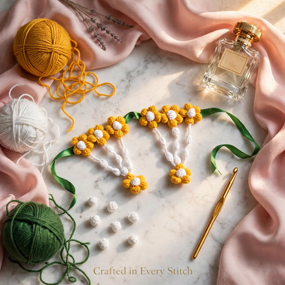 Handmade Crochet Hair Accessory – Yellow & White Round Petal Flowers with Green Base
