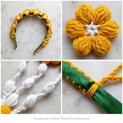 Handmade Crochet Hair Accessory – Yellow & White Round Petal Flowers with Green Base