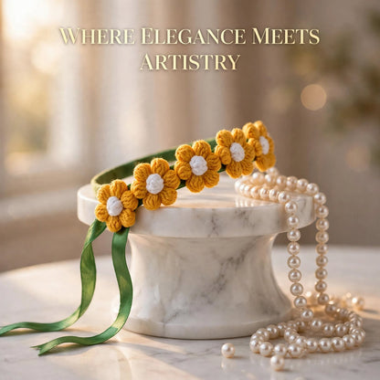 Handmade Crochet Hair Accessory – Yellow & White Round Petal Flowers with Green Base