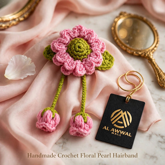 Handmade Crochet Pink Sunflower Hair Clip – Green Leaves & Hanging Pink Balls