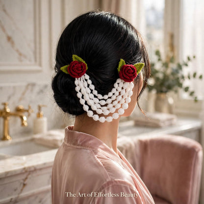 Handmade Crochet Floral Hair Band – Red Roses with Green Leaves & White Flower Layers