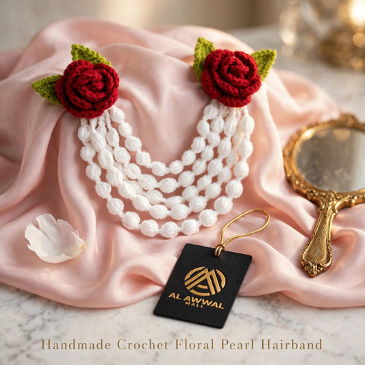 Handmade Crochet Floral Hair Band – Red Roses with Green Leaves & White Flower Layers