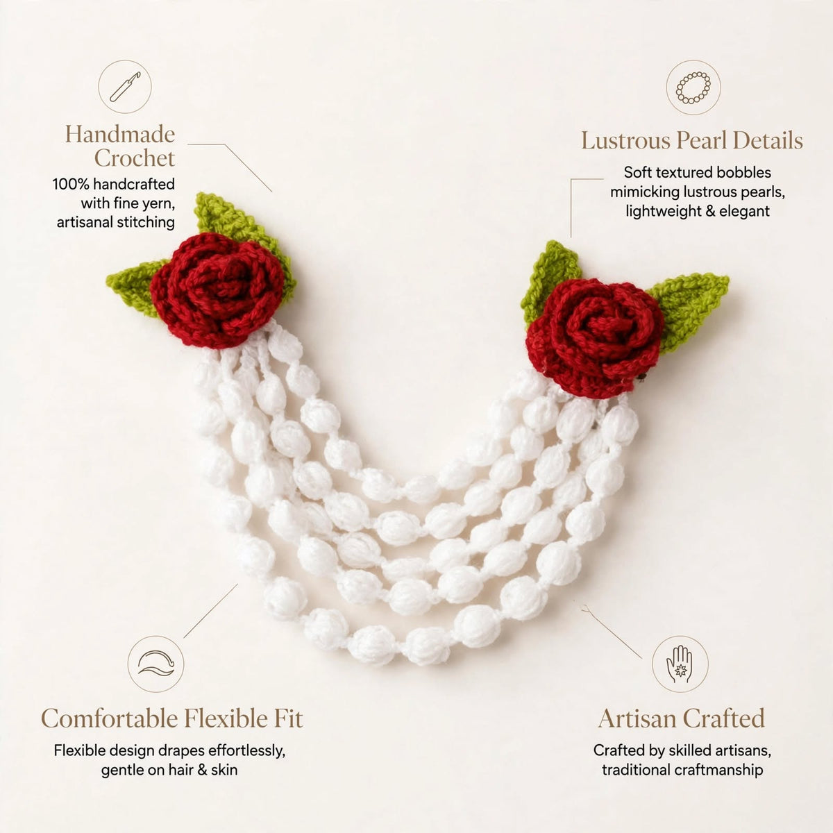 Handmade Crochet Floral Hair Band – Red Roses with Green Leaves & White Flower Layers