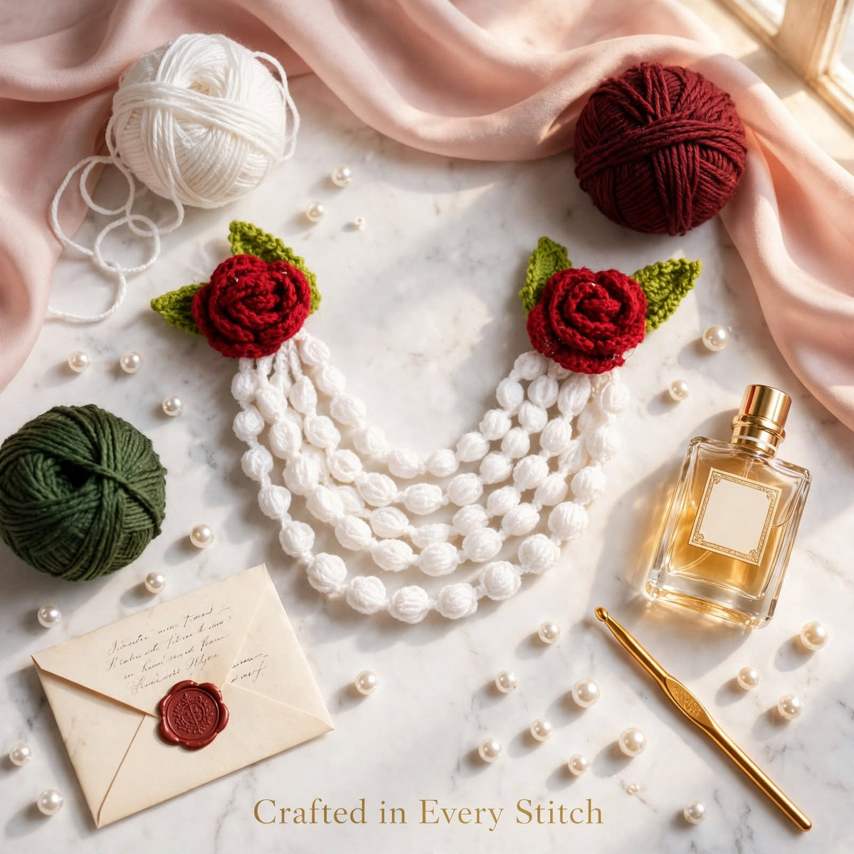 Handmade Crochet Floral Hair Band – Red Roses with Green Leaves & White Flower Layers