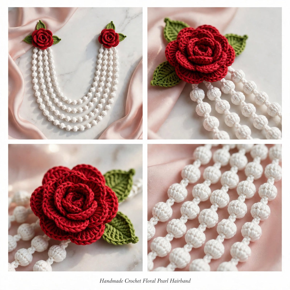 Handmade Crochet Floral Hair Band – Red Roses with Green Leaves & White Flower Layers