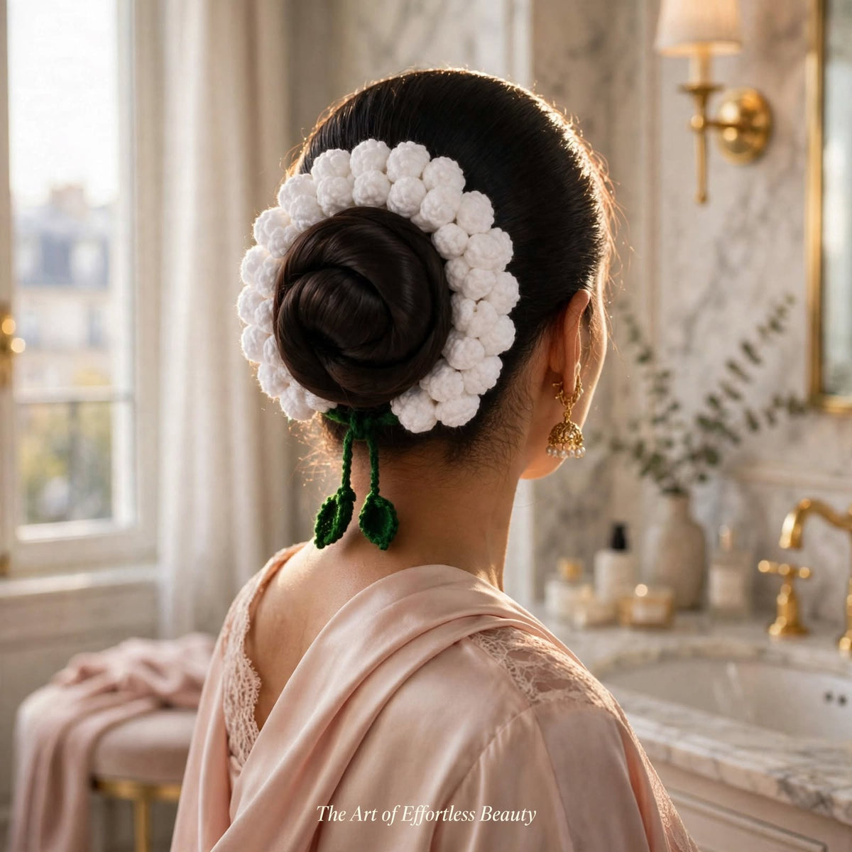 Handmade Crochet Hair Bun Cover – Pure White with Green Leaf Details