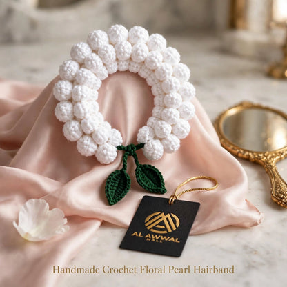 Handmade Crochet Hair Bun Cover – Pure White with Green Leaf Details