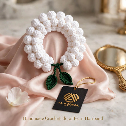 Handmade Crochet Hair Bun Cover – Pure White with Green Leaf Details