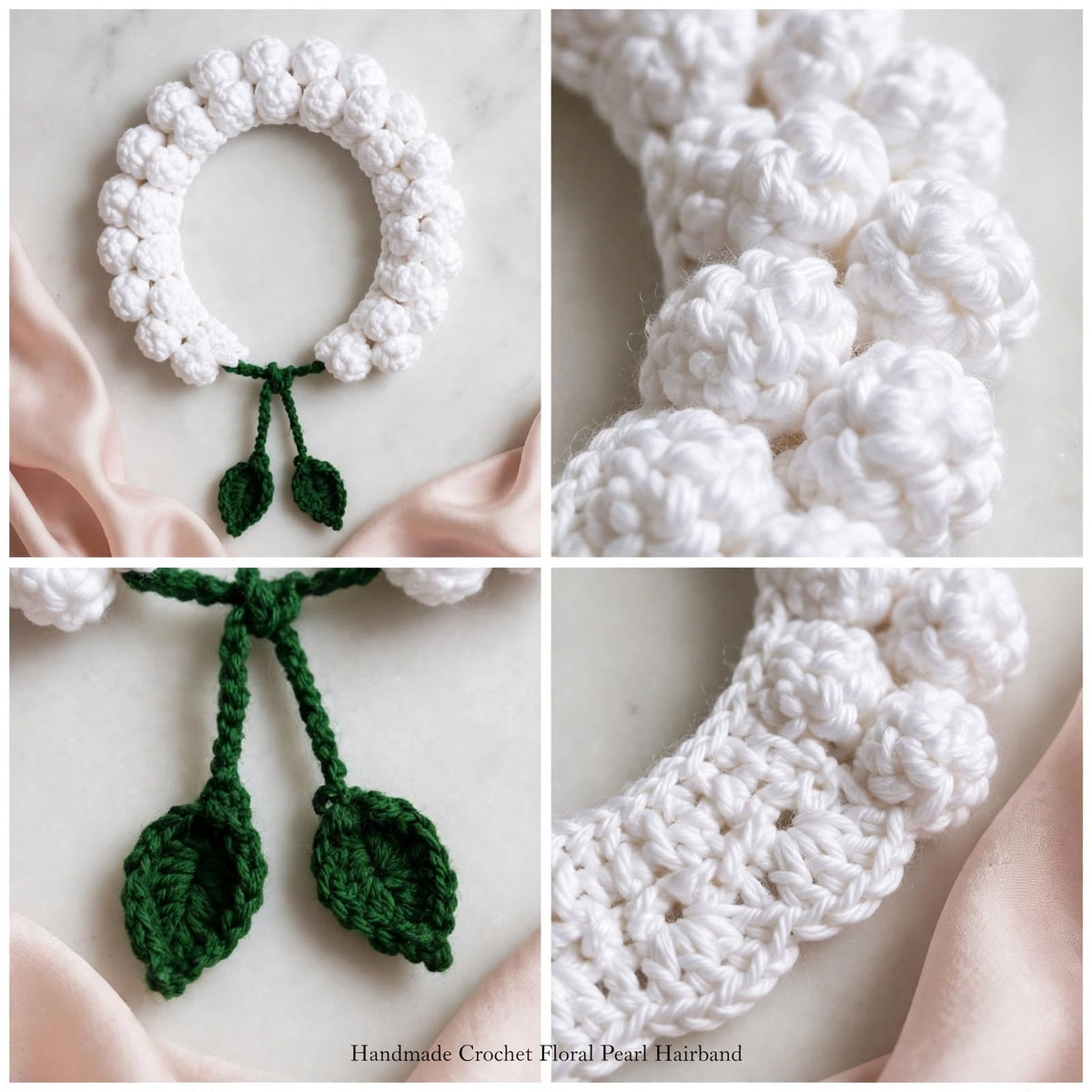 Handmade Crochet Hair Bun Cover – Pure White with Green Leaf Details
