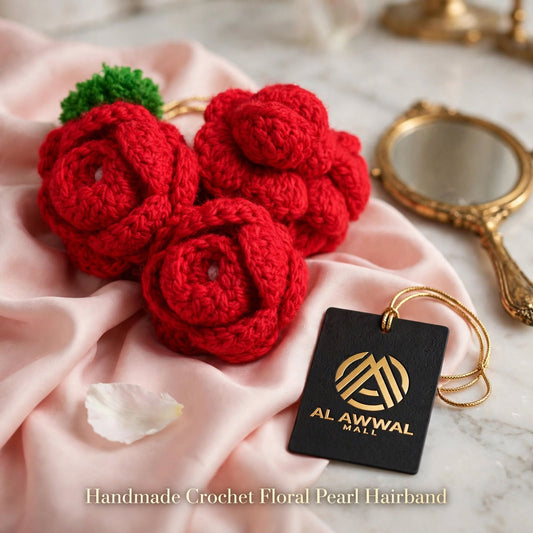 Handmade Crochet Rose Bun Hairband – Red Roses with Green Details