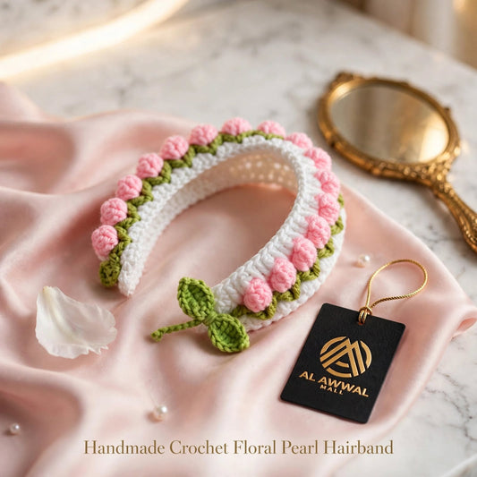 Handmade Crochet Floral Hairband – White with Pink Flowers & Green Details