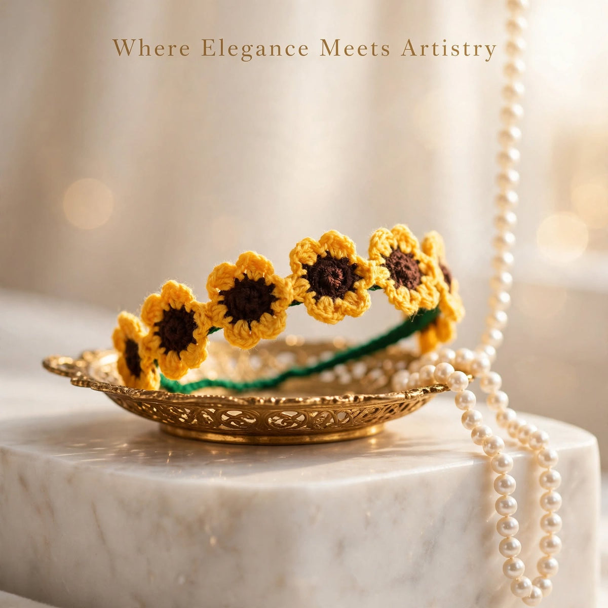 Handmade Crochet Sunflower Hairband – Green Band with Yellow Petals