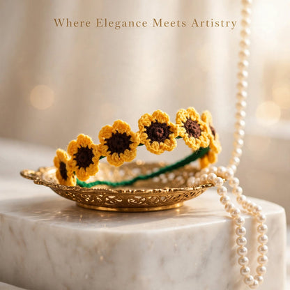 Handmade Crochet Sunflower Hairband – Green Band with Yellow Petals
