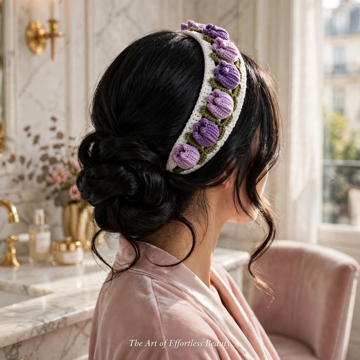 Handmade Crochet Floral Hairband – Cream with Wine Purple Flowers & Green Leaves