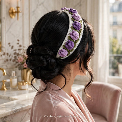 Handmade Crochet Floral Hairband – Cream with Wine Purple Flowers & Green Leaves