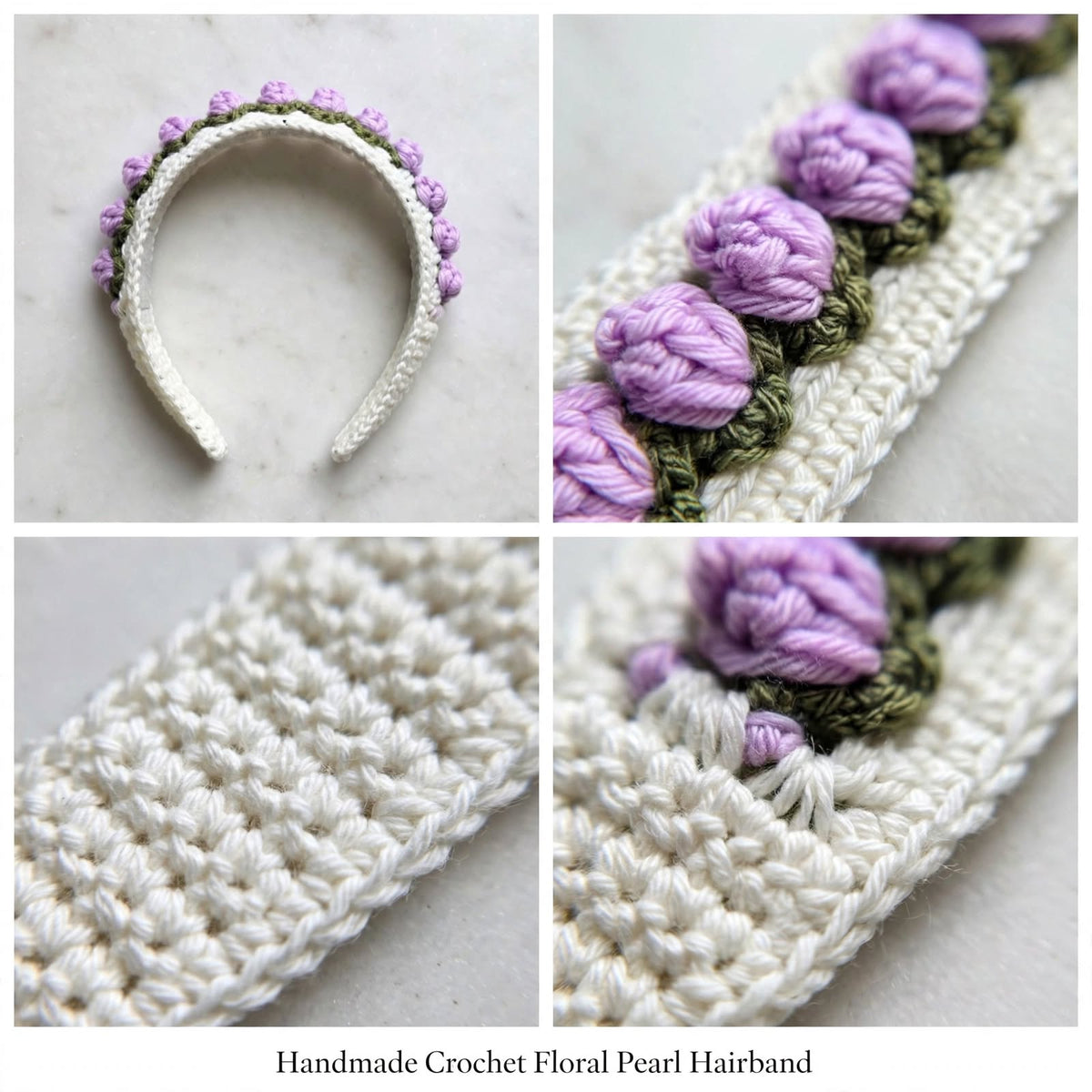 Handmade Crochet Floral Hairband – Cream with Wine Purple Flowers & Green Leaves