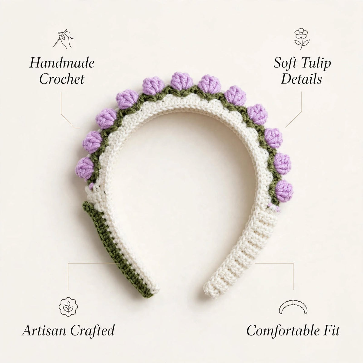 Handmade Crochet Floral Hairband – Cream with Wine Purple Flowers & Green Leaves