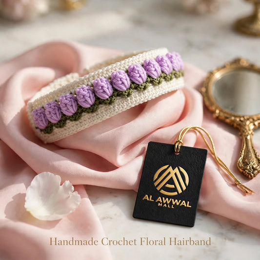 Handmade Crochet Floral Hairband – Cream with Wine Purple Flowers & Green Leaves