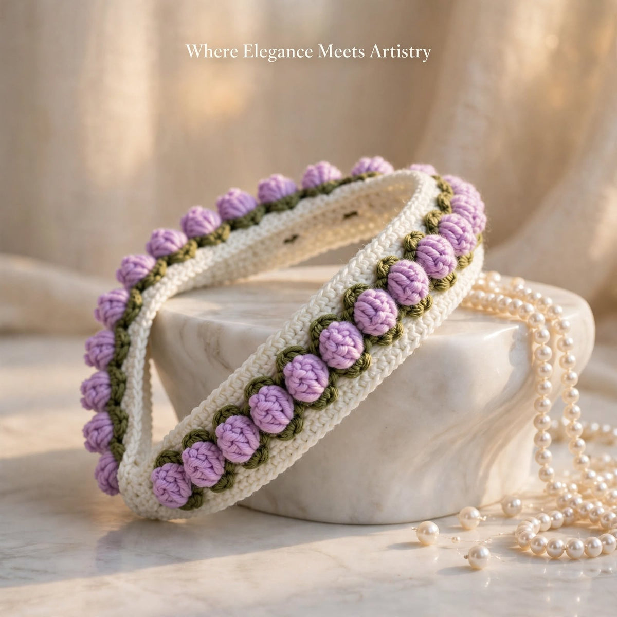 Handmade Crochet Floral Hairband – Cream with Wine Purple Flowers & Green Leaves