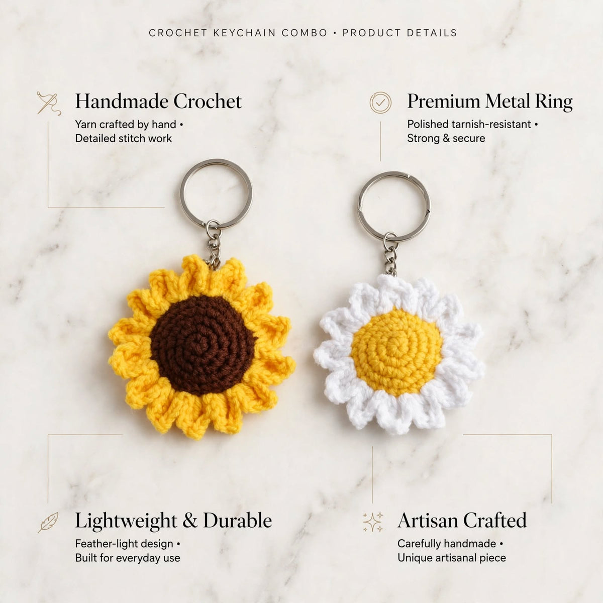 Handmade Crochet Flower Keychain Combo – Sunflower & Daisy