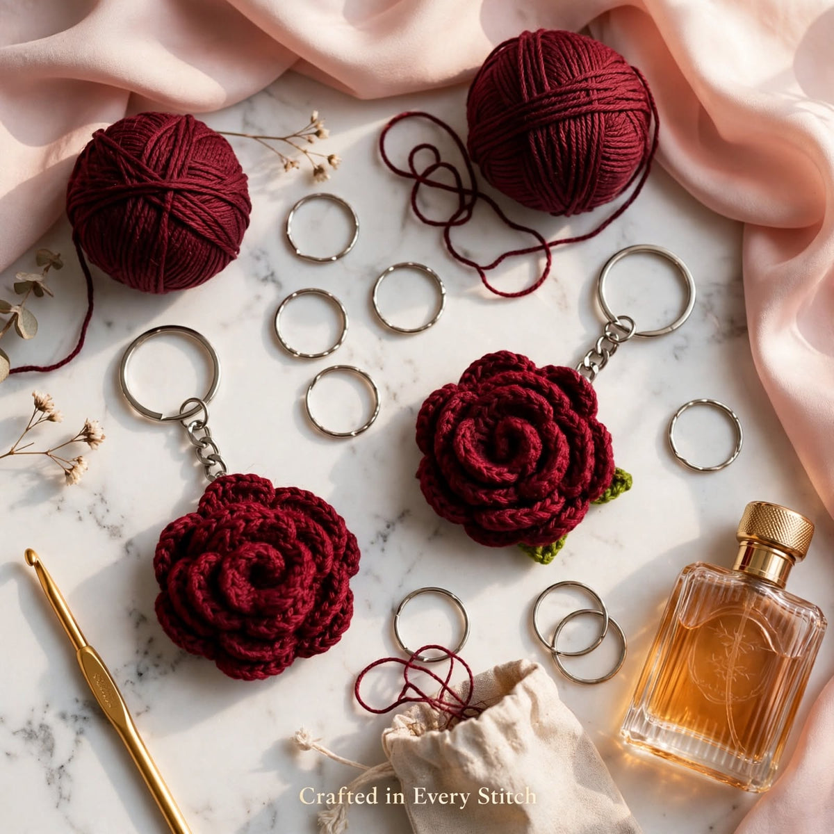 Handmade Crochet Maroon Rose Keychain – Green Leaf Touch