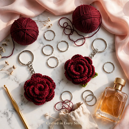 Handmade Crochet Maroon Rose Keychain – Green Leaf Touch