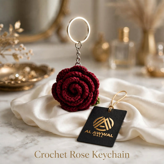 Handmade Crochet Maroon Rose Keychain – Green Leaf Touch