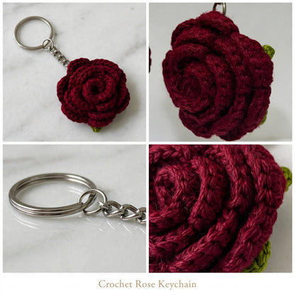 Handmade Crochet Maroon Rose Keychain – Green Leaf Touch