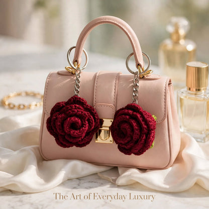 Handmade Crochet Maroon Rose Keychain – Green Leaf Touch