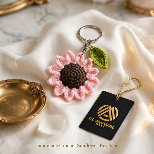 Handmade Crochet Sunflower Keychain – Baby Pink Petals with Brown Center