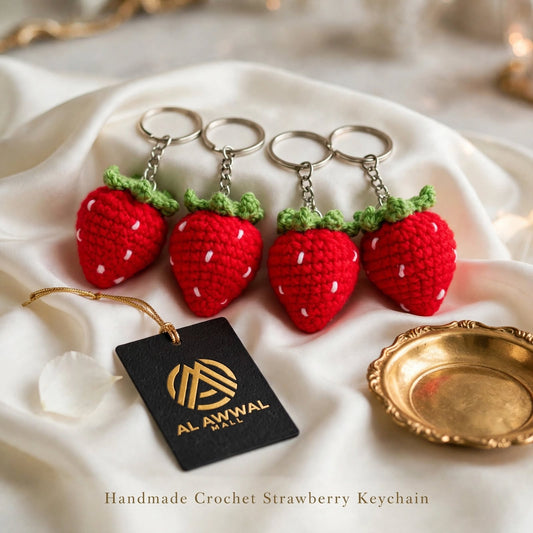 Handmade Crochet Strawberry Keychain – Red with White Dot Details & Green Top