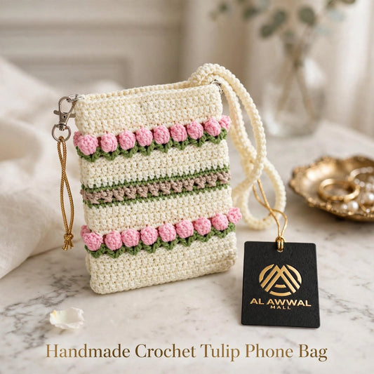 Handmade Crochet Crossbody Pouch – Cream with Pink Floral Layers & Green Details
