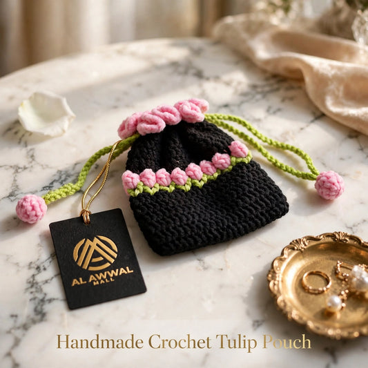 Handmade Crochet Bottle-Style Pouch – Black with Baby Pink & Green Floral Design