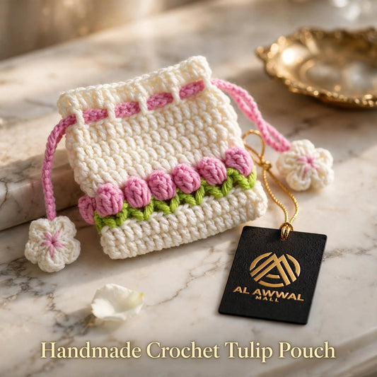 Handmade Crochet Bottle-Style Pouch – Pink & White Floral Design with Green Details