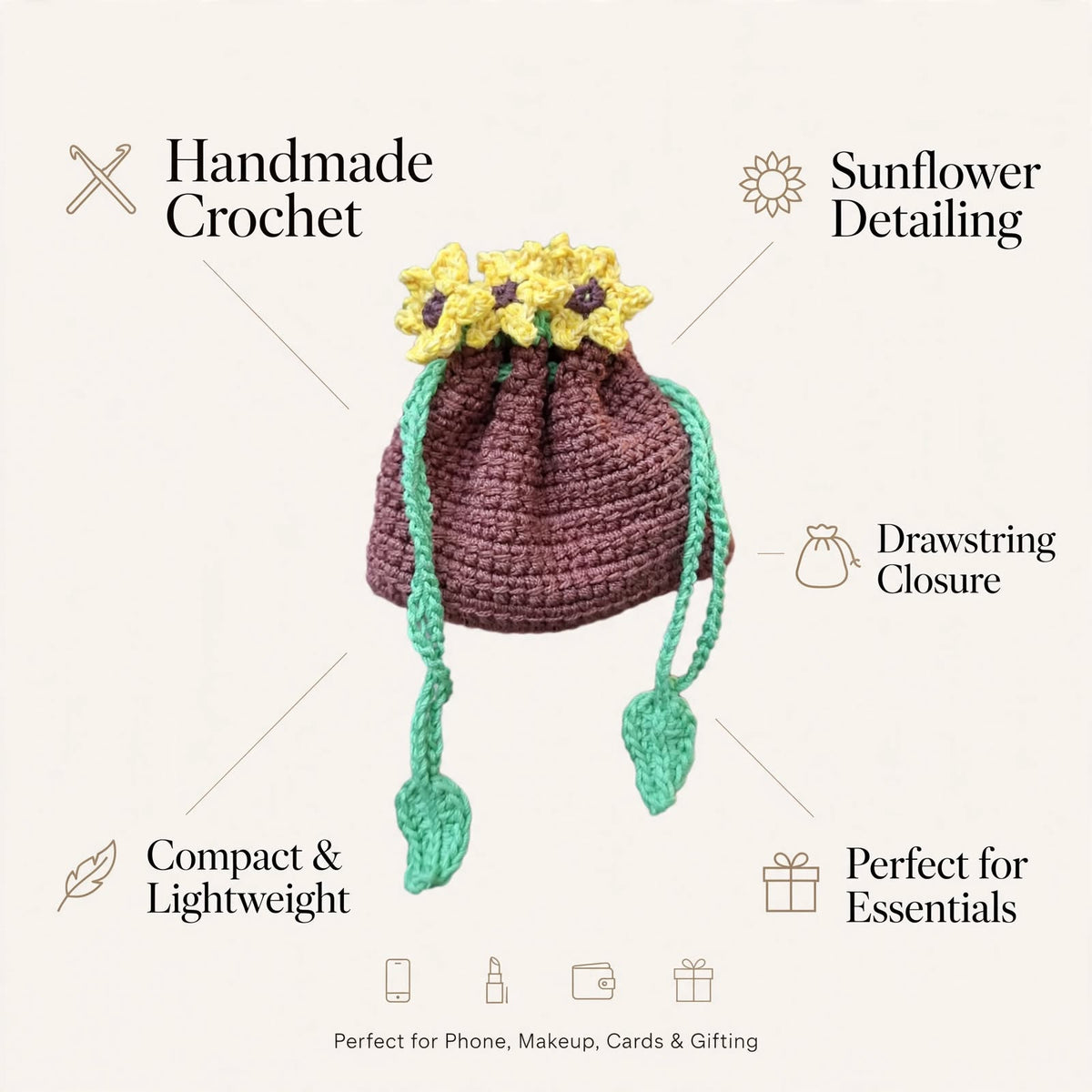 Handmade Crochet Brown Bottle-Style Pouch – Yellow Sunflower Design with Green Drawstring