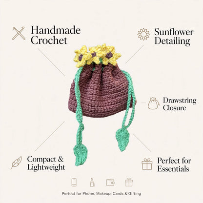 Handmade Crochet Brown Bottle-Style Pouch – Yellow Sunflower Design with Green Drawstring