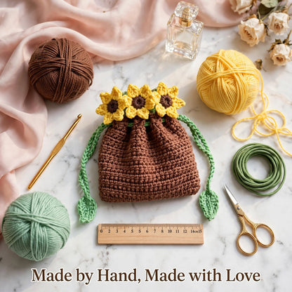 Handmade Crochet Brown Bottle-Style Pouch – Yellow Sunflower Design with Green Drawstring