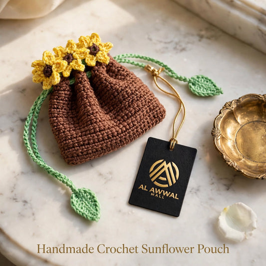 Handmade Crochet Brown Bottle-Style Pouch – Yellow Sunflower Design with Green Drawstring