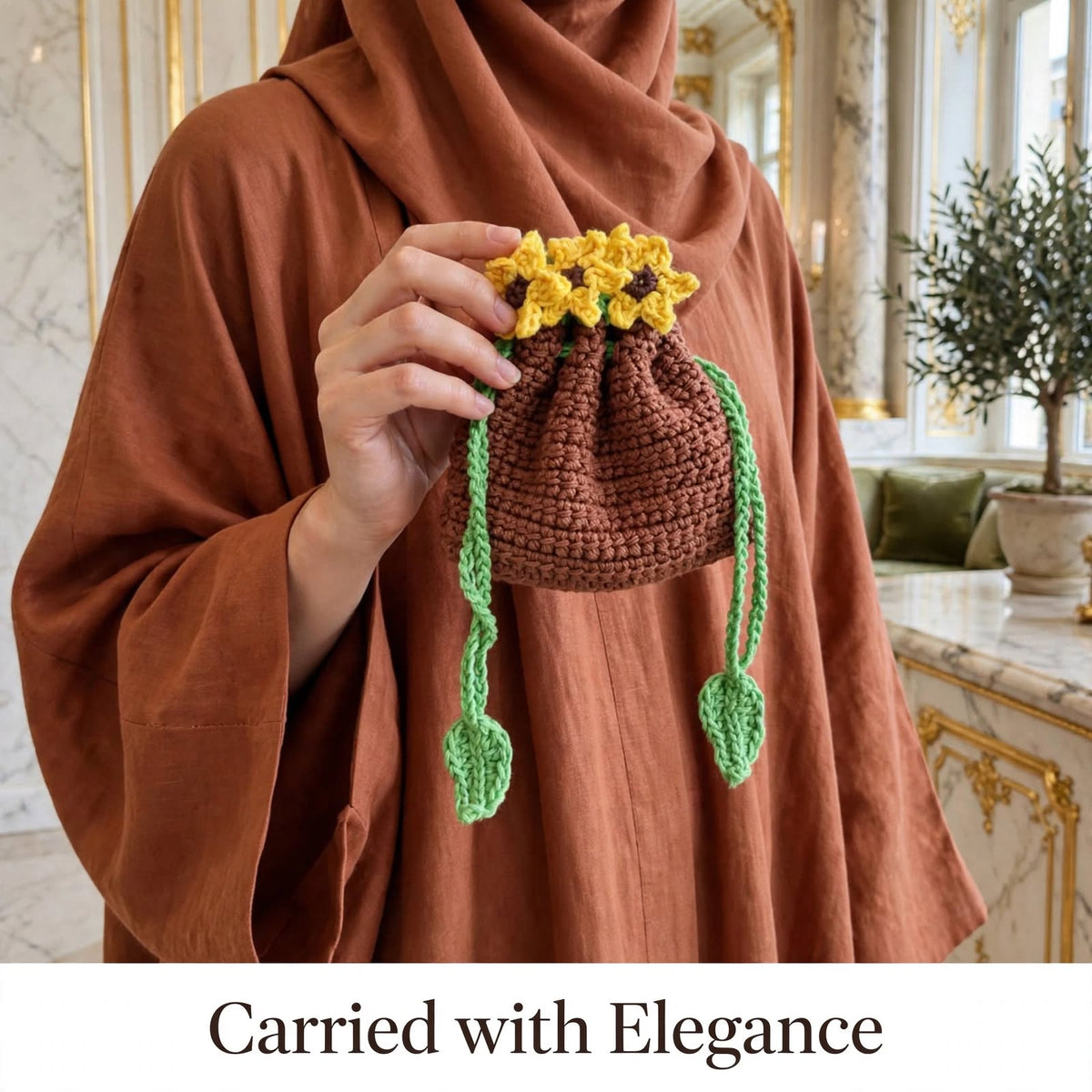 Handmade Crochet Brown Bottle-Style Pouch – Yellow Sunflower Design with Green Drawstring