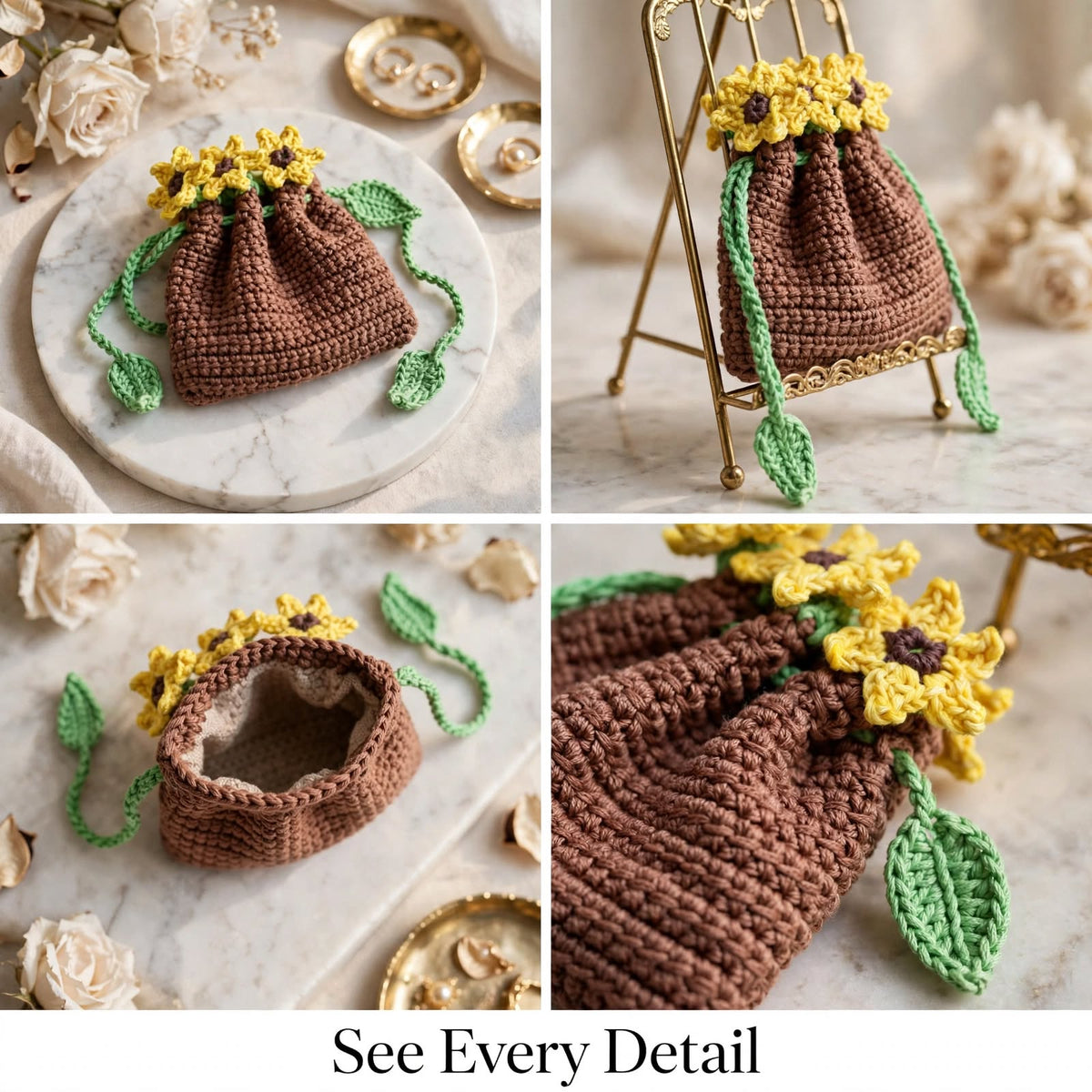 Handmade Crochet Brown Bottle-Style Pouch – Yellow Sunflower Design with Green Drawstring
